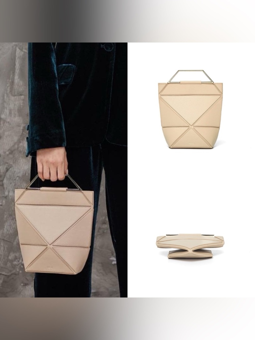 YEE SI  FACET CLASSIC FOLDABLE TOP HANDLE BAG - ALMOND $425 No Crossbody Strap